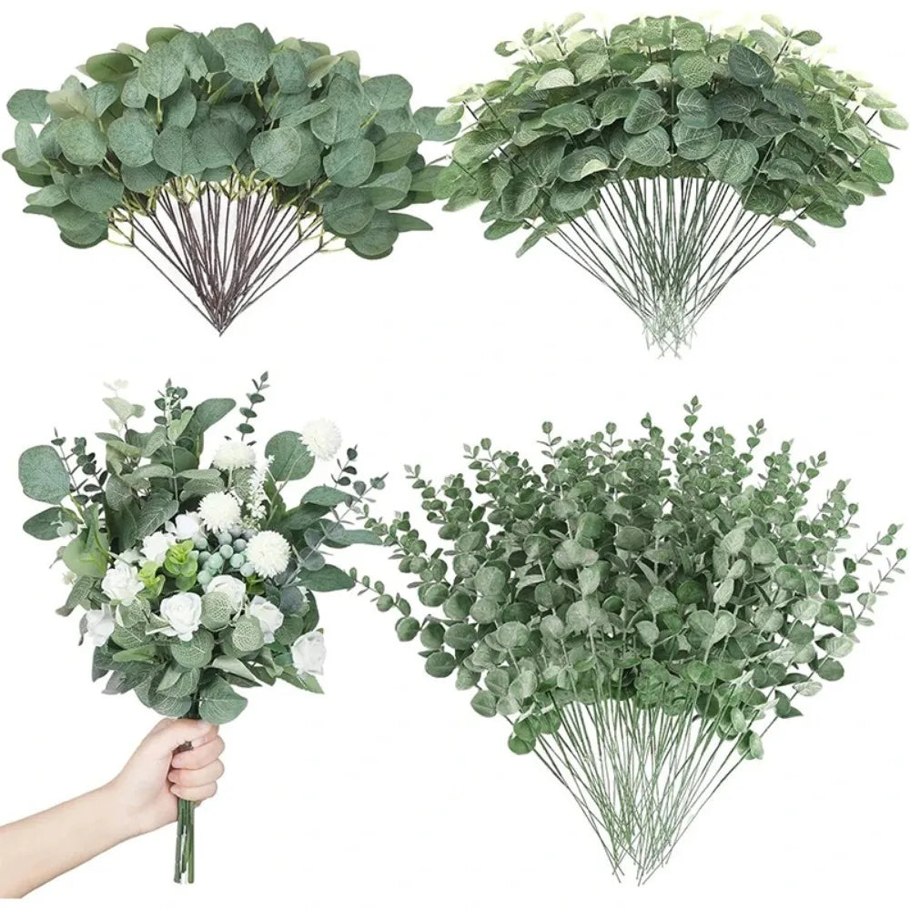 artificial eucalyptus leaf stems, silk greenery for home decor, bridal shower, wedding centrepieces, hanging displays, outdoor decorations, set of 5