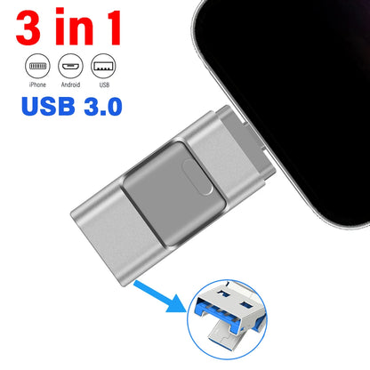 Rotatable USB 3.0 Flash Drive 3-in-1 Pen Drive Memory Stick 256GB 128GB for iPhone, iPad, Android, PC - Gold, Black, Silver, Rose Gold
