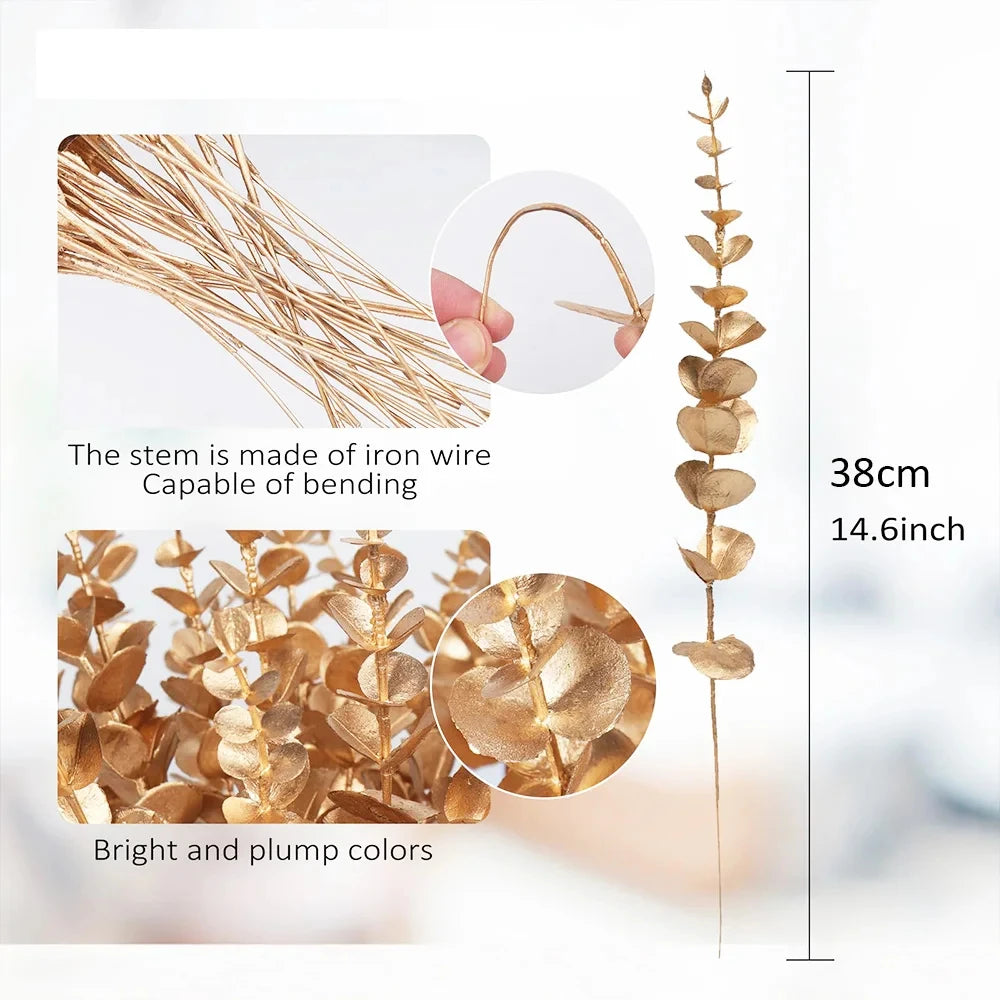artificial eucalyptus stems gold leaf 10/20pcs | faux flowers for home décor, weddings, parties | indoor floral arrangements, bouquets, centrepieces, gift-ready decoration
