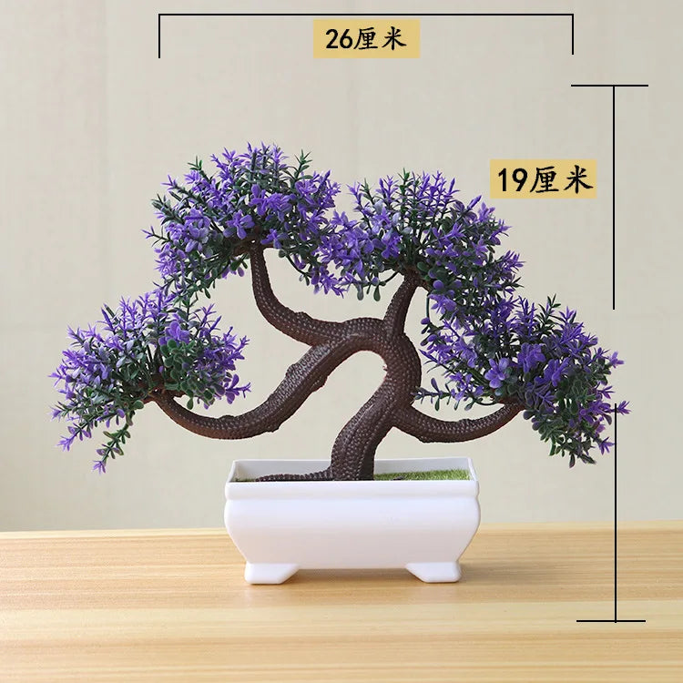 artificial bonsai tree decorative plant, plastic fake flowers with pot, desktop ornament for home, office, hotel, garden, anniversary, and exhibition use