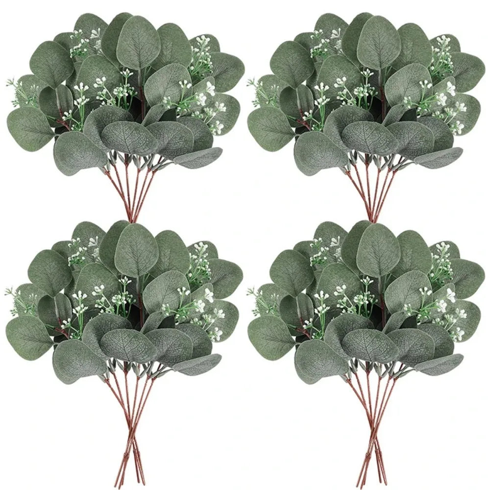 artificial eucalyptus leaf stems, silk greenery for home decor, bridal shower, wedding centrepieces, hanging displays, outdoor decorations, set of 5
