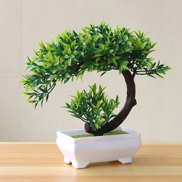 green artificial bonsai plants - small tree grass and flowers in pot, indoor outdoor decoration for home, office, wedding, anniversary, exhibition, halloween decor
