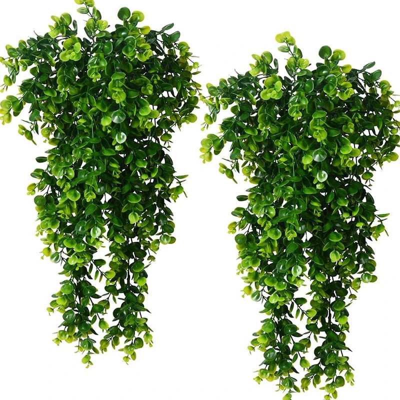 artificial hanging eucalyptus vines, uv resistant faux greenery for outdoor wedding decor, plastic leaf garland for bridal showers and exhibitions