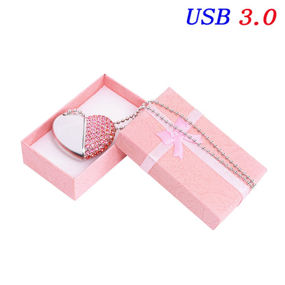 USB 3.0 Metal Diamond Crystal Heart Pink Box USB Flash Drive 16GB 32GB 64GB 128GB Memory Stick Thumb Drive Creative Gift U Disk