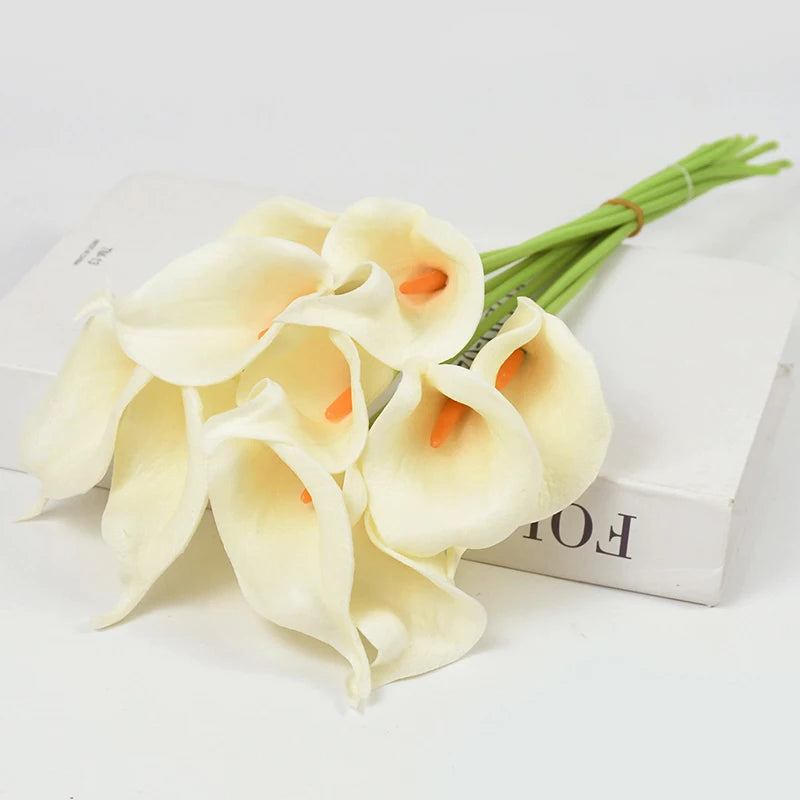 artificial calla lily flower bouquet - real touch, white, 5/10pcs, pu material, bridal wedding decor, home party display, indoor anniversary baby shower essentials