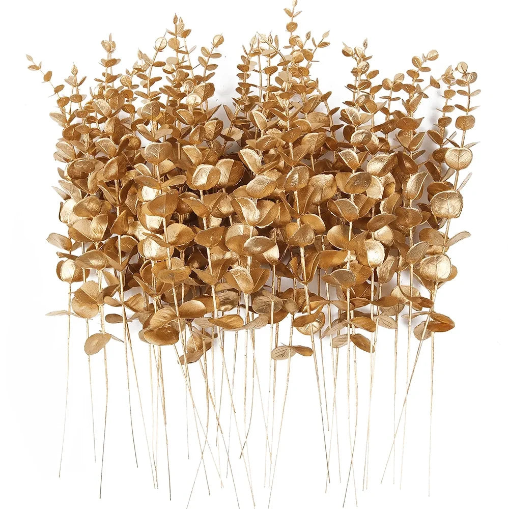 artificial eucalyptus stems gold leaf 10/20pcs | faux flowers for home décor, weddings, parties | indoor floral arrangements, bouquets, centrepieces, gift-ready decoration