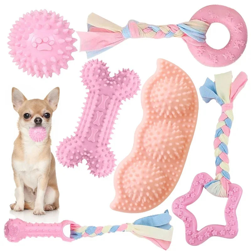pet-approved interactive dog toy set - pink rubber bone, fun ball & donut - non-toxic for small/medium dogs - enhances teeth cleaning, promotes active play & oral health