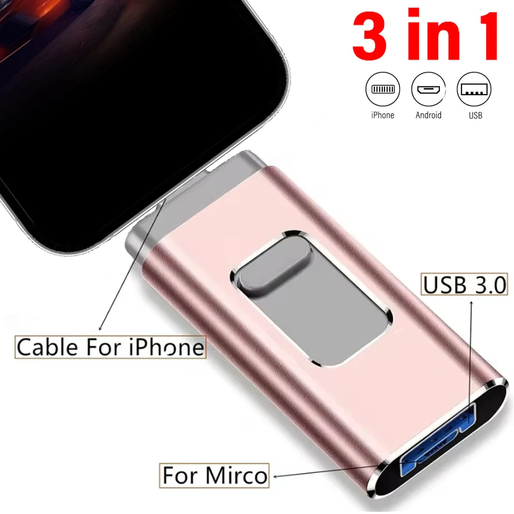 rotatable usb 3.0 flash drive 3-in-1 pen drive memory stick 256gb 128gb for iphone, ipad, android, pc - gold, black, silver, rose gold