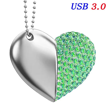 USB 3.0 Heart Necklace Flash Drive 64GB - Stylish Crystal & Metal Memory Stick in Gold, Silver, Blue, Pink, Green - Perfect for Wedding, Creative or Business Gifts