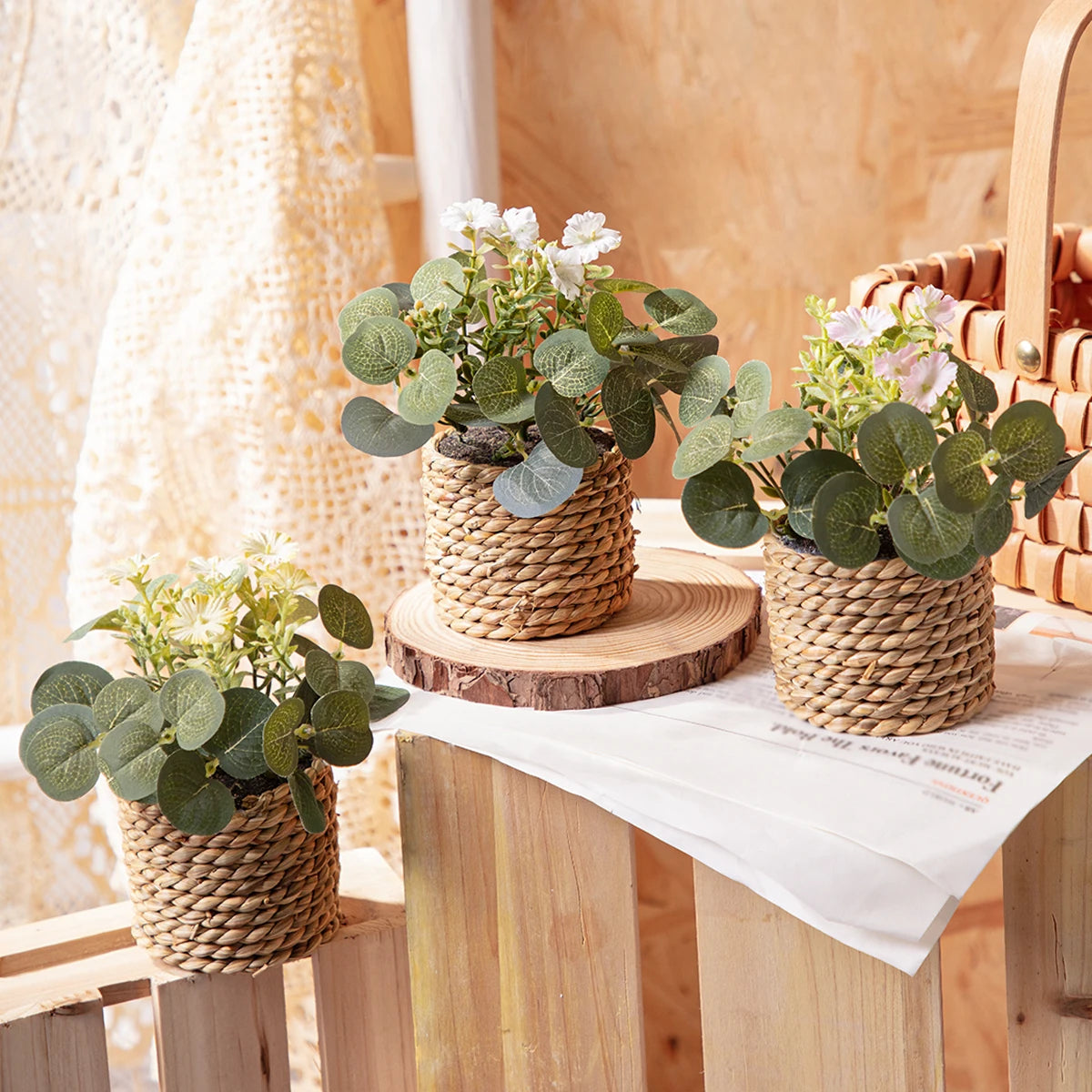 artificial eucalyptus plant, green potted grass, 11cm decorative plastic leaves for home, office, desktop, outdoor and exhibition usage