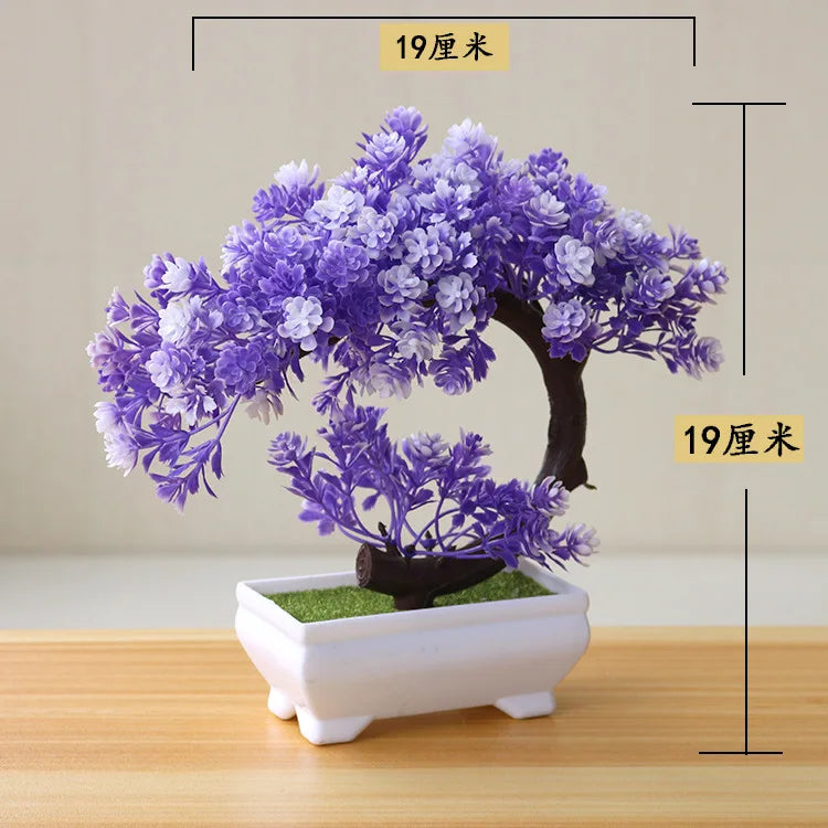 artificial bonsai tree decorative plant, plastic fake flowers with pot, desktop ornament for home, office, hotel, garden, anniversary, and exhibition use