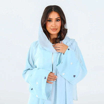 Love Heart Embroidery Soft Open Front Abaya Luxury Kaftan Women Robe for Stylish Layering, Comfortable Fit, Versatile Cardigan - Perfect for Casual and Formal Occasions