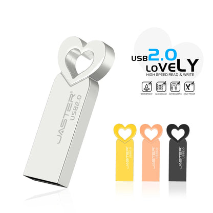 Cute Heart USB Flash Drive 64GB, Rose Gold Pen Drive 32GB, Metal Memory Stick, Creative Gift for Data Storage, High-Speed USB 2.0 Flash Disk