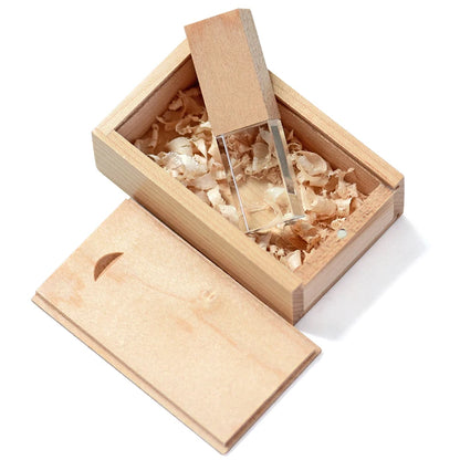 USB Crystal Wood Flash Drive 128GB with Walnut Box – Elegant Memory Stick for Weddings, Gifts, and Storage – Available in 64GB, 32GB, 16GB Options