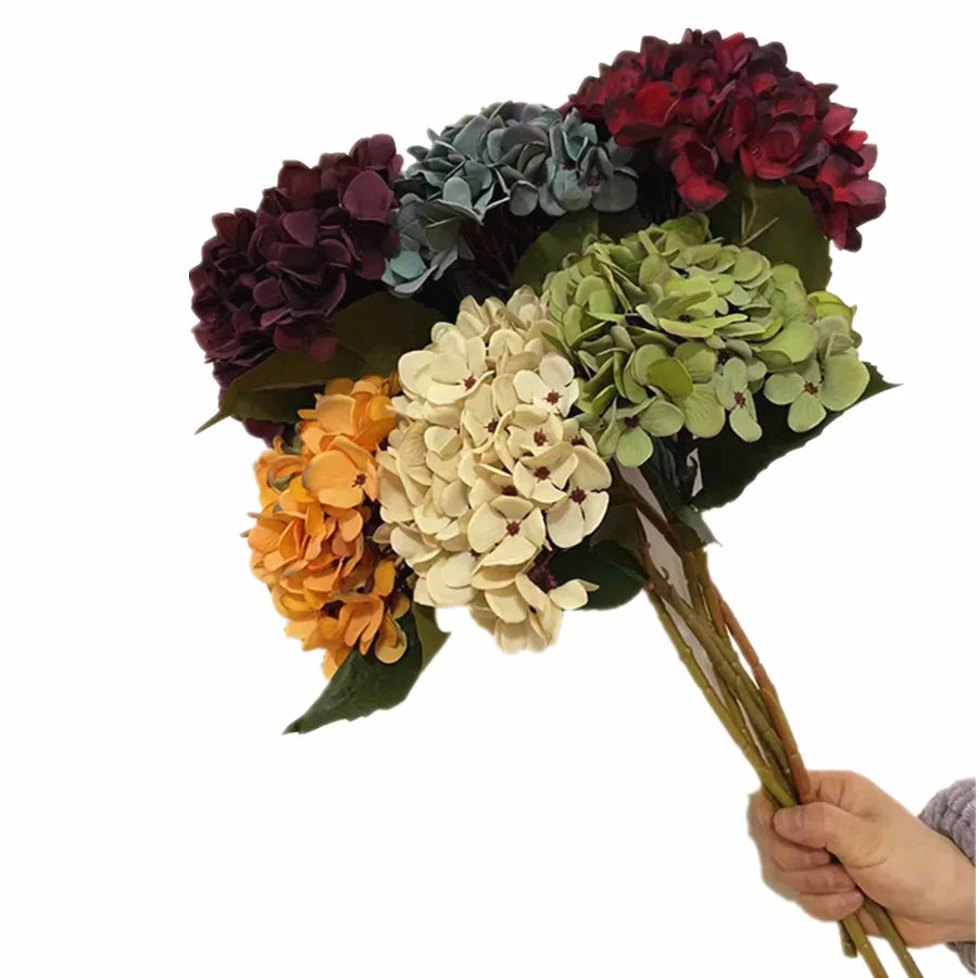 artificial hydrangea flower branch 44cm, colourful silk plastic decoration for weddings, anniversaries, home & hotel decor, indoor use, various colours available