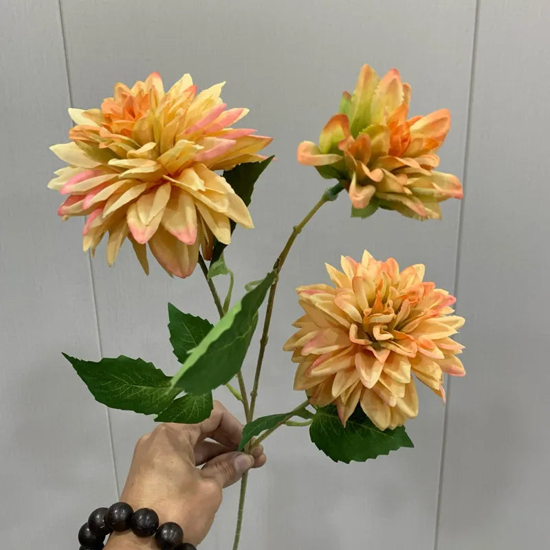 artificial dahlia flowers with 3 heads long branch silk for home wedding decor, bedroom decoration, party and indoor events - elegant, lifelike floral arrangement