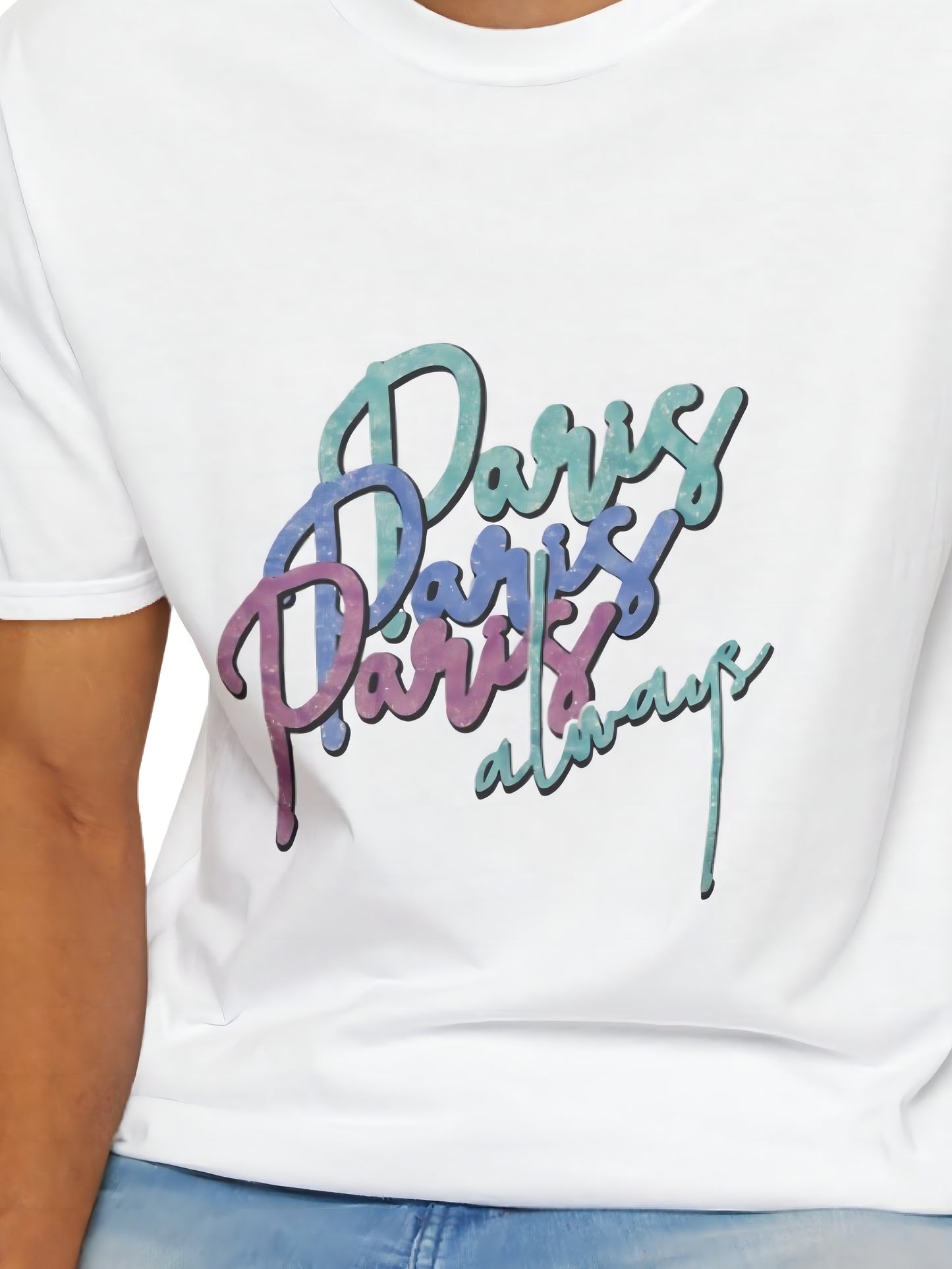 paris always pastel gradient graphic t-shirt, 100% cotton short sleeve white tee, women casual shirt