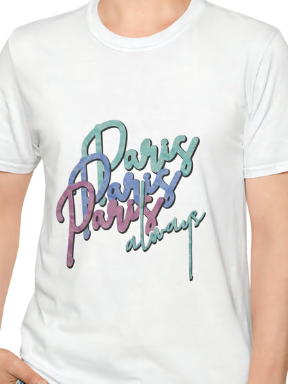 Paris Always Pastel Gradient Graphic T-Shirt, 100% Cotton Short Sleeve White Tee, Women Casual Shirt
