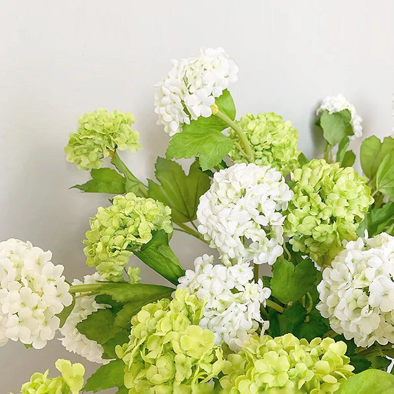 artificial flowers real touch hydrangea branch, 3 heads with green leaves, silk decoration for wedding, home, room, anniversaries, indoor event decor, elegant floral arrangement