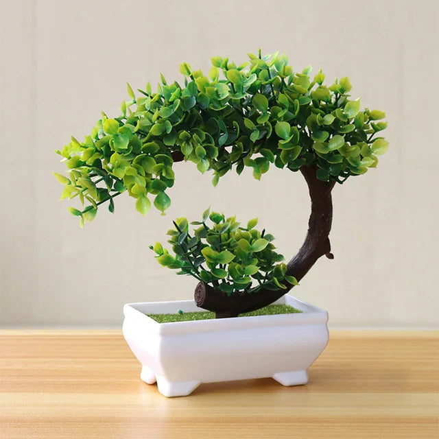 green artificial bonsai plants - small tree grass and flowers in pot, indoor outdoor decoration for home, office, wedding, anniversary, exhibition, halloween decor