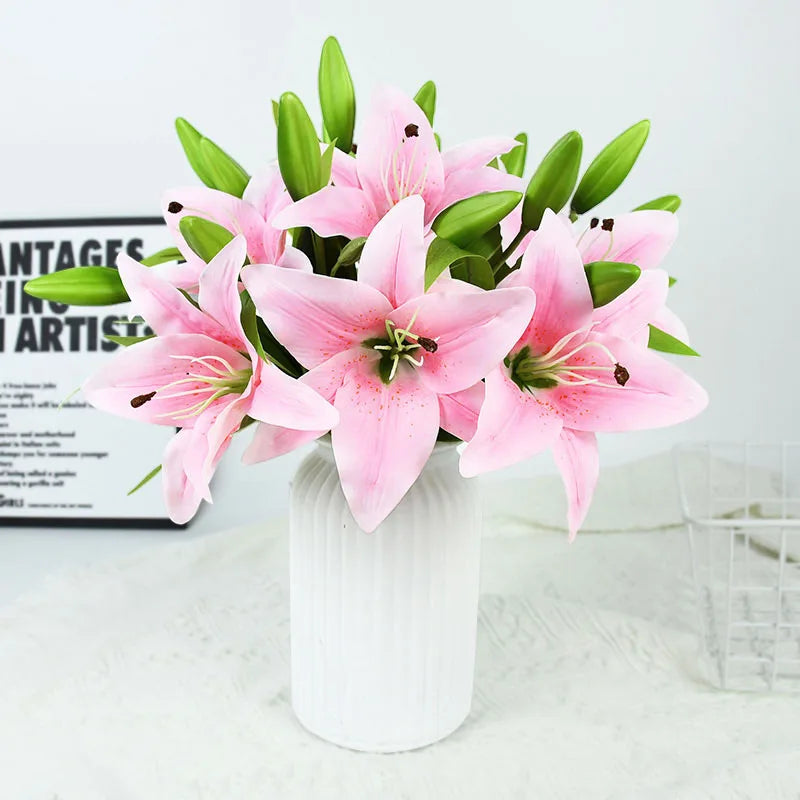 5pcs 38cm real touch white lily artificial flowers, decorative bouquet for weddings, birthdays, home, garden, party, pvc material, indoor use
