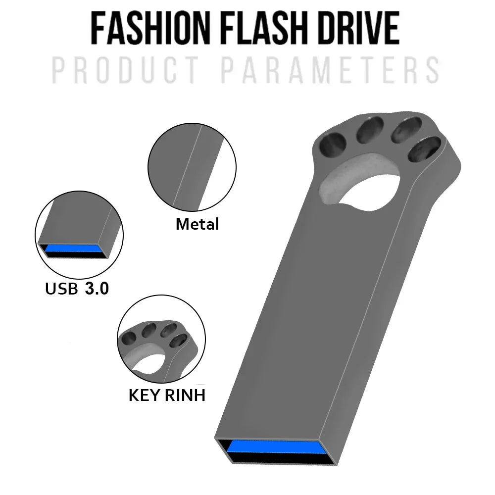 usb 3.0 metal flash drive - 128gb, 64gb, 32gb, 16gb, 8gb - cute cat paw design memory stick, creative gift for data storage & transfer