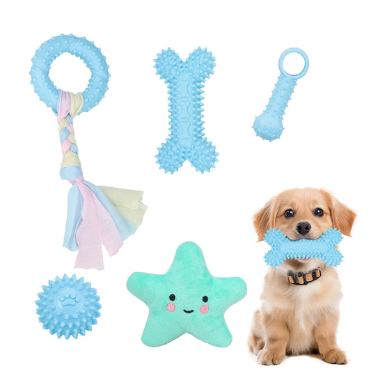 Plush Dog Chew Toy Set 5-Pack - Fleece & Durable Plastic for Teething Relief - Ideal for Puppies & Small Dogs - Interactive Play & Dental Health - Great Pet Gift Choice