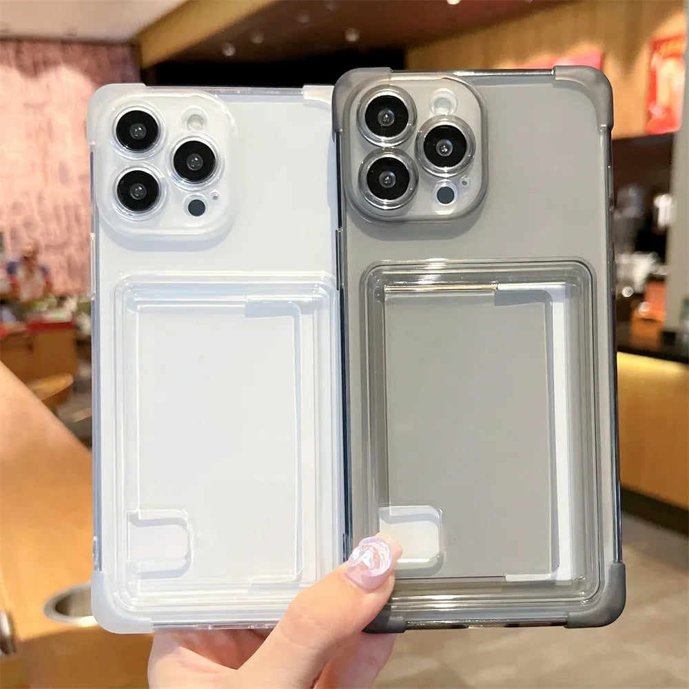 transparent card holder case for iphone 14/15/16 plus, pro, max - shockproof wallet cover with soft tpu protection