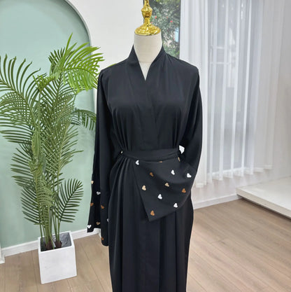 Love Heart Embroidery Soft Open Front Abaya Luxury Kaftan Women Robe for Stylish Layering, Comfortable Fit, Versatile Cardigan - Perfect for Casual and Formal Occasions