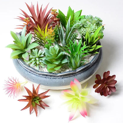 12pcs PVC Artificial Succulents Set - Flocking Fake Green Plants for Home, Office, Desktop Bonsai Decor, Miniature Potted Flowers, Fairy Garden Accessories