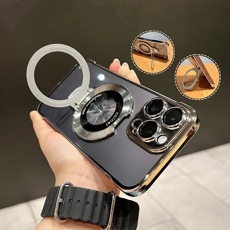 ultra slim borderless case with folding holder & glass camera protector for iphone 14/15/16 plus, pro, max