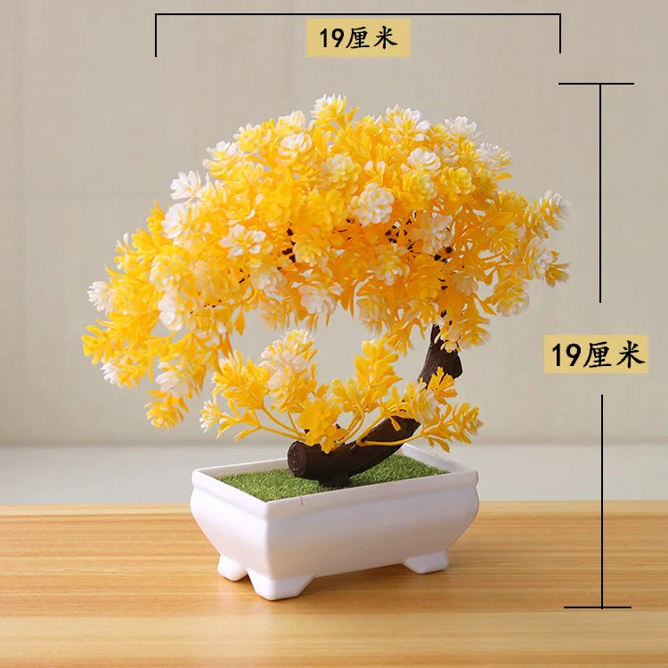 artificial bonsai tree decorative plant, plastic fake flowers with pot, desktop ornament for home, office, hotel, garden, anniversary, and exhibition use