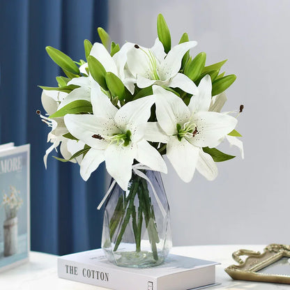 5Pcs 38cm Real Touch White Lily Artificial Flowers, Decorative Bouquet for Weddings, Birthdays, Home, Garden, Party, PVC Material, Indoor Use