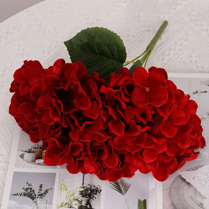 Silk Hydrangea Artificial Flowers Bouquet, 5 Large Heads, Red Floral Arrangement for Home, Wedding, Anniversary, Parties, Indoor Decor