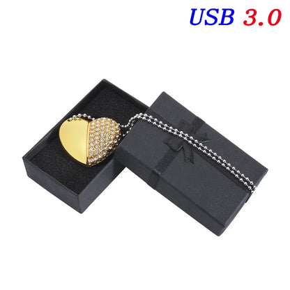 USB 3.0 Metal Diamond Crystal Heart Pink Box USB Flash Drive 16GB 32GB 64GB 128GB Memory Stick Thumb Drive Creative Gift U Disk