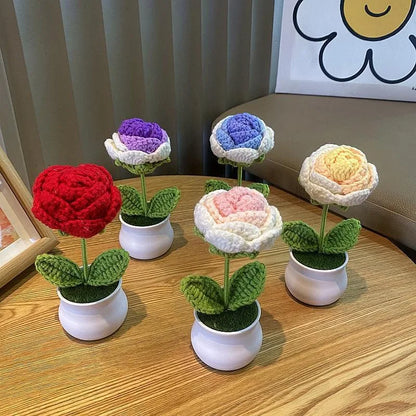 Mini Artificial Rose Decoration, Handwoven Wool Plant for Home, Office Desk Ornament, Perfect for Anniversaries, Birthdays, Weddings, Indoor Bonsai Style, PP Material