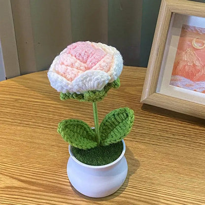 Mini Artificial Rose Decoration, Handwoven Wool Plant for Home, Office Desk Ornament, Perfect for Anniversaries, Birthdays, Weddings, Indoor Bonsai Style, PP Material