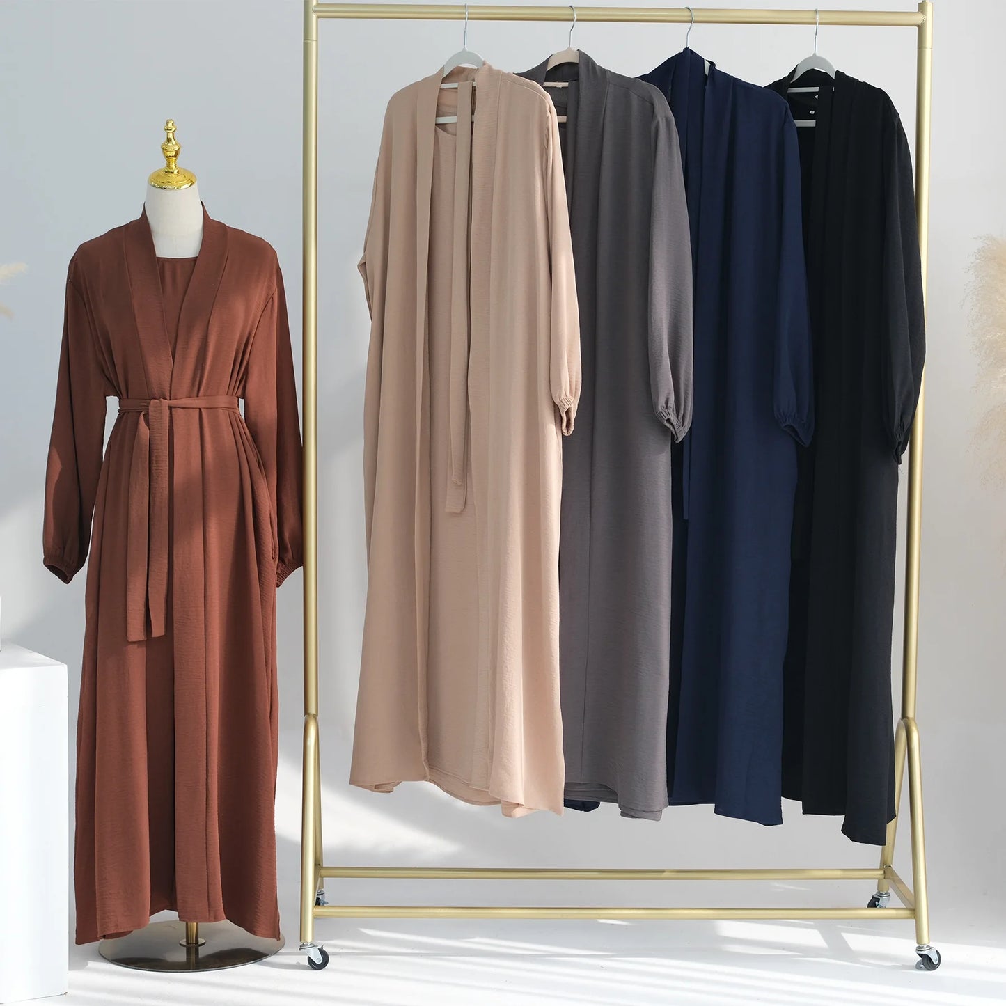 2/3 piece set solid color muslim dress loose long sleeves abaya clothing for women, modest fashion, lightweight ramadan outfit, elegant prayer dress with pockets and belt