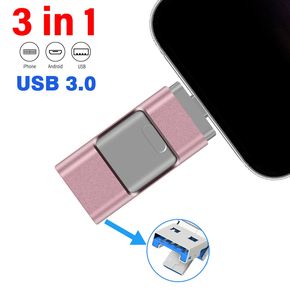 rotatable usb 3.0 flash drive 3-in-1 pen drive memory stick 256gb 128gb for iphone, ipad, android, pc - gold, black, silver, rose gold