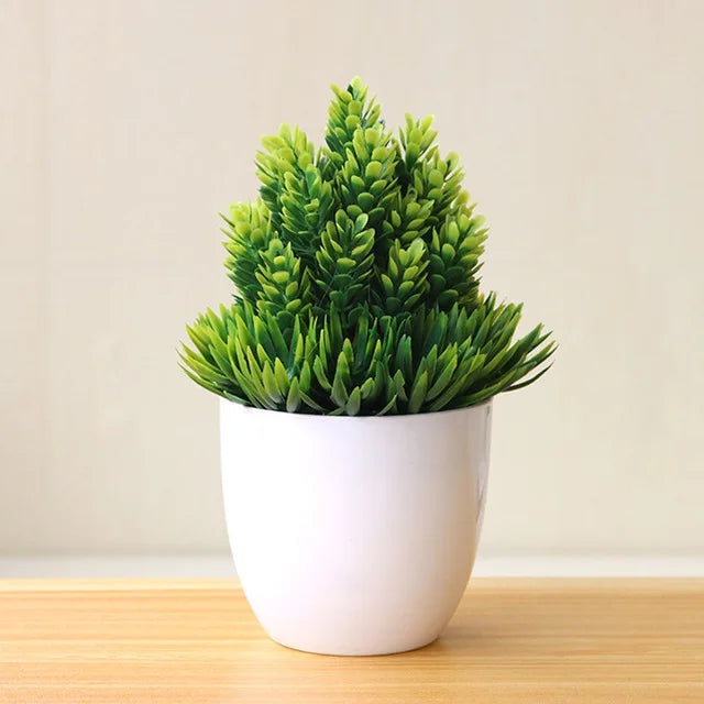 green artificial bonsai plants - small tree grass and flowers in pot, indoor outdoor decoration for home, office, wedding, anniversary, exhibition, halloween decor