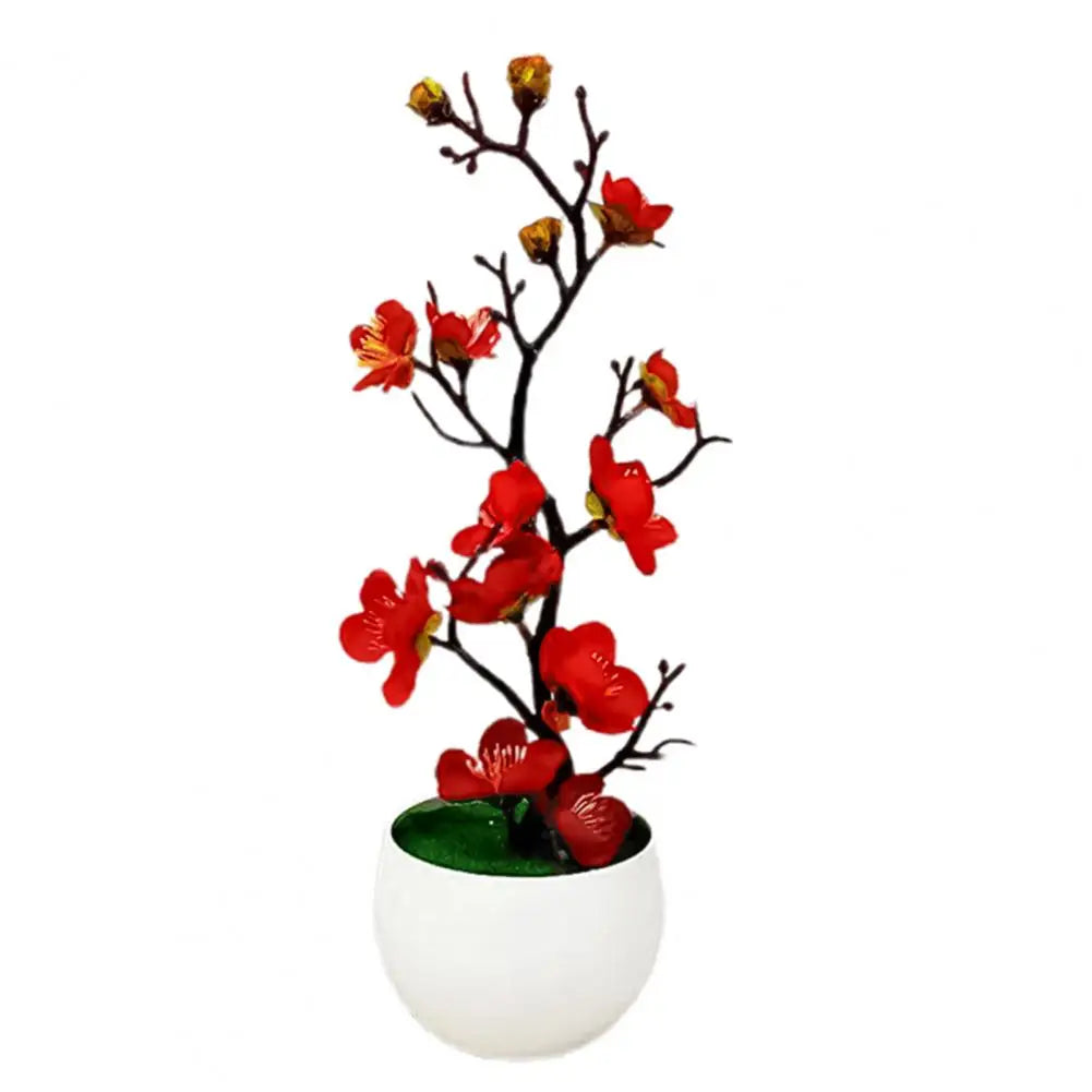 artificial plum blossom bonsai plant with pot | indoor decorative silk flower arrangement for home, office, celebrations, parties, weddings | plastic material
