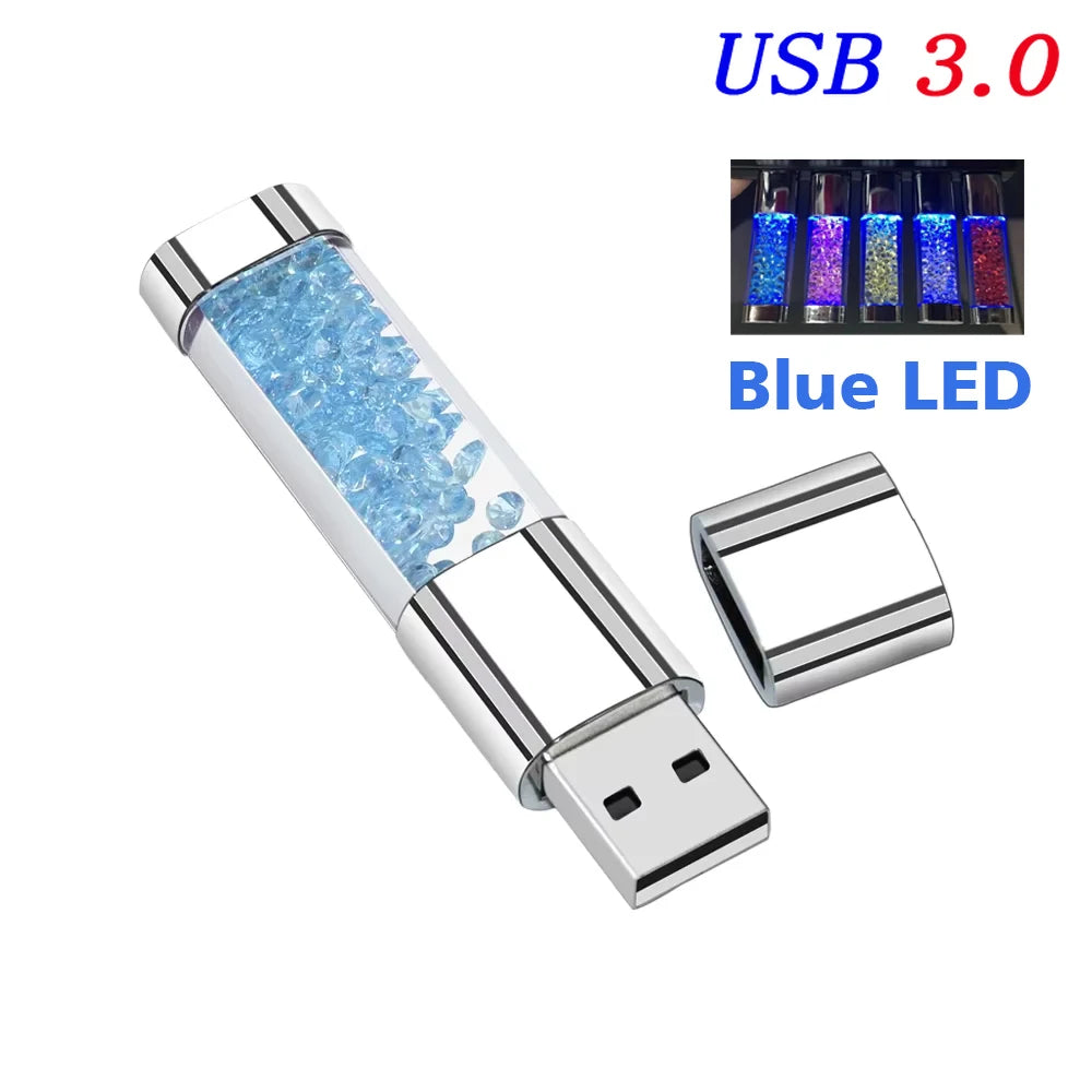 128gb crystal led usb 3.0 flash drive with metal design, high-speed memory stick for laptop, car, tv, ideal wedding and business gift, multiple colours available