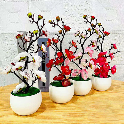Artificial Plum Blossom Bonsai Plant with Pot | Indoor Decorative Silk Flower Arrangement for Home, Office, Celebrations, Parties, Weddings | Plastic Material