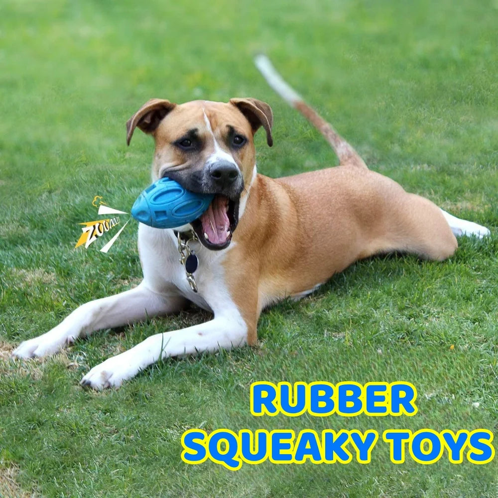 interactive squeaky dog toy ball rubber rugby - teeth cleaning, training, outdoor play fun - durable, vibrant colours: rose red, sky blue, green, perfect for all dogs