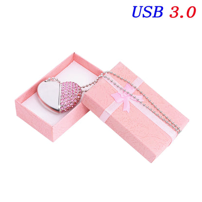 USB 3.0 Metal Diamond Crystal Heart Pink Box USB Flash Drive 16GB 32GB 64GB 128GB Memory Stick Thumb Drive Creative Gift U Disk