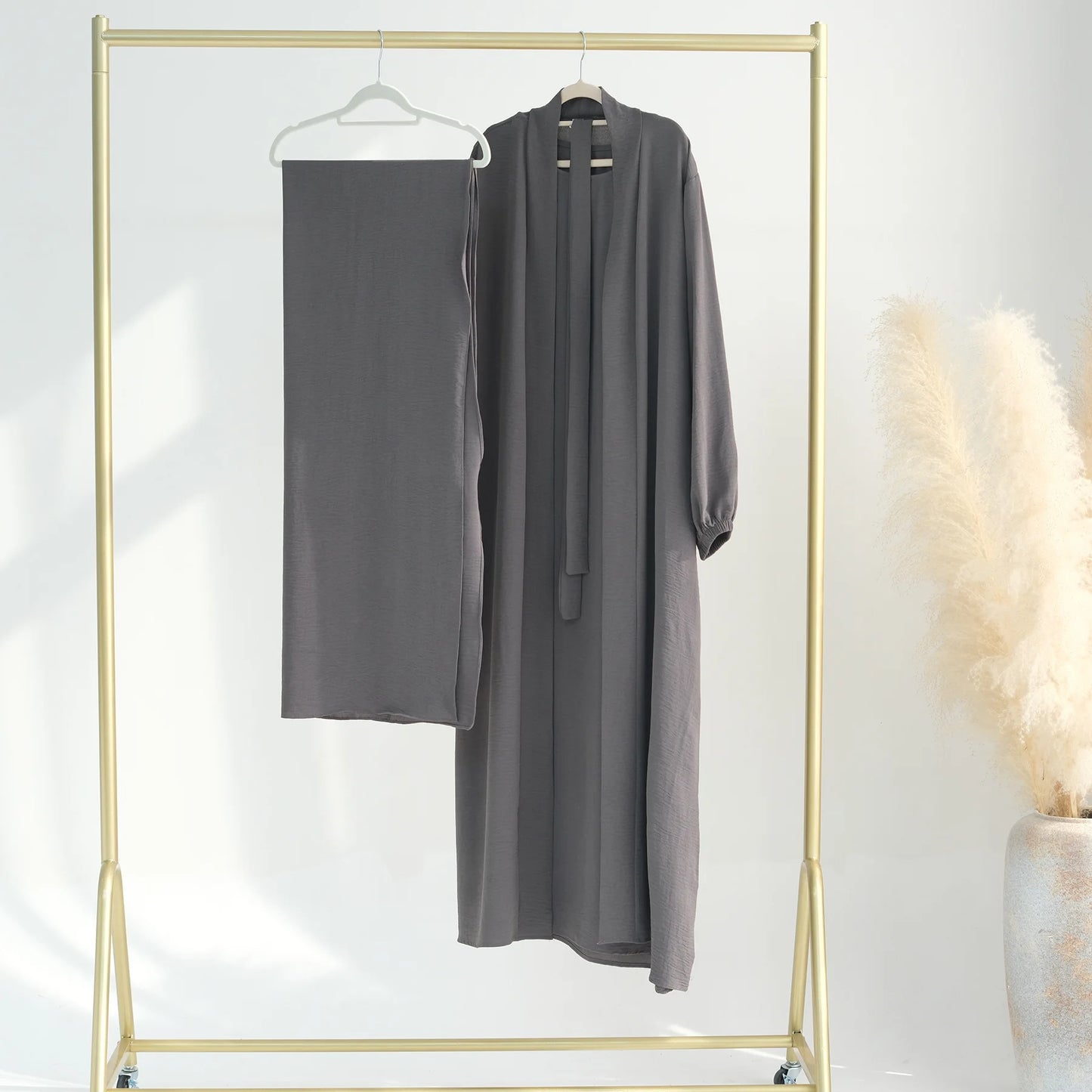 2/3 piece set solid color muslim dress loose long sleeves abaya clothing for women, modest fashion, lightweight ramadan outfit, elegant prayer dress with pockets and belt