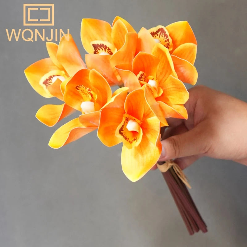 artificial orchid bouquet, 6pcs - real touch cymbidium flowers for home decor, wedding bridal bouquets, table centerpieces, photography props - indoor use, non-woven fabric