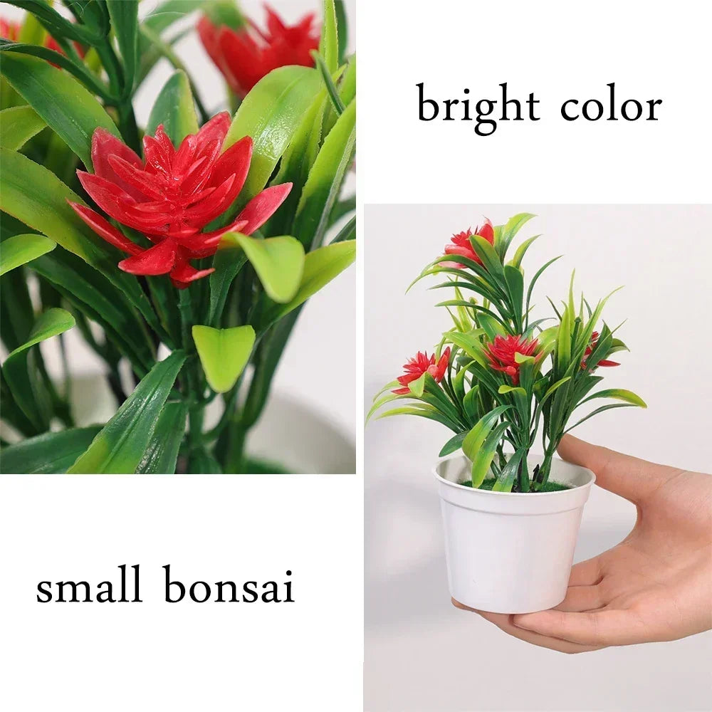 vibrant artificial bonsai with multicolour flowers | plastic decor for home, office, garden display | red, purple, pink, orange, yellow | 13x18cm table ornament