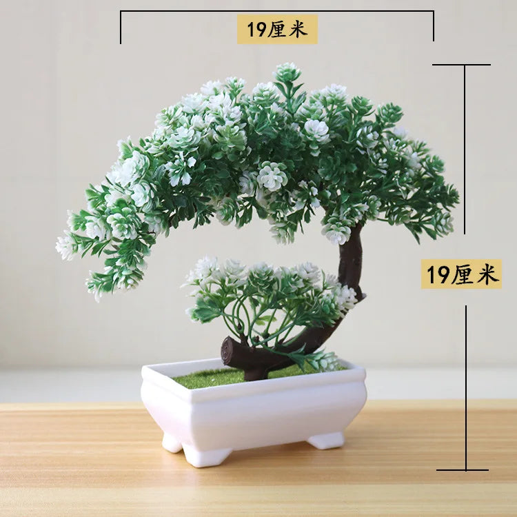 artificial bonsai tree decorative plant, plastic fake flowers with pot, desktop ornament for home, office, hotel, garden, anniversary, and exhibition use