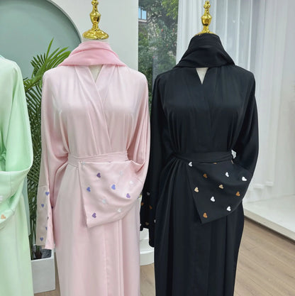 Love Heart Embroidery Soft Open Front Abaya Luxury Kaftan Women Robe for Stylish Layering, Comfortable Fit, Versatile Cardigan - Perfect for Casual and Formal Occasions